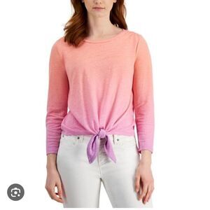 Charter Club Womens Top Sandy Pink PP Ombré Tie Front Linen Polyester Long Sl
